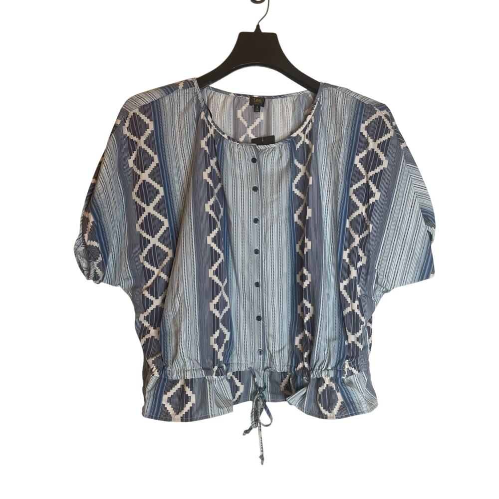 Lee Womens Striped Button-Up Peplum Blouse Puff Sleeve Drawstring Size XL